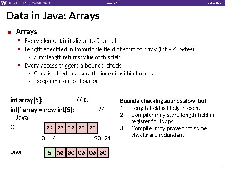 Java & C Spring 2016 Data in Java: Arrays ¢ Arrays § Every element