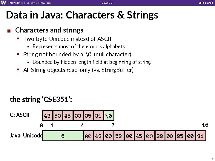 Java & C Spring 2016 Data in Java: Characters & Strings ¢ Characters and