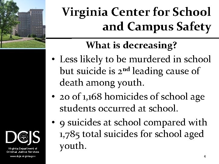 Virginia Center for School and Campus Safety Virginia Department of Criminal Justice Services www.