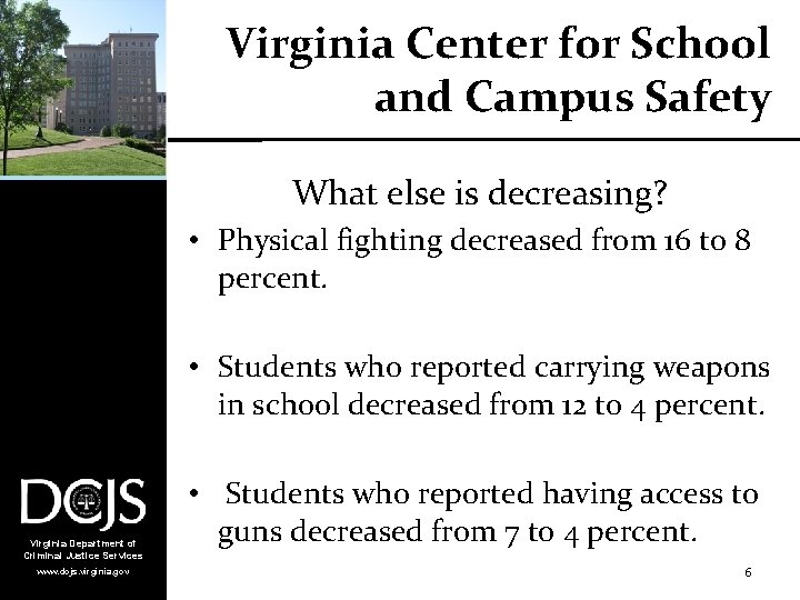 Virginia Center for School and Campus Safety What else is decreasing? • Physical fighting