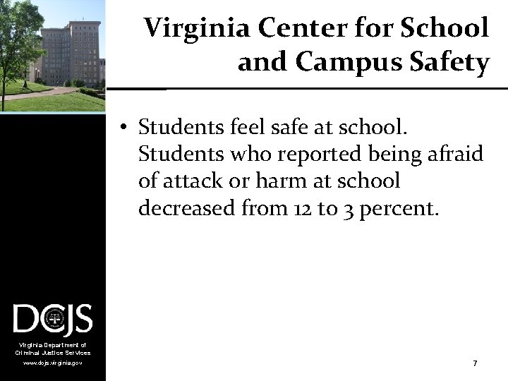 Virginia Center for School and Campus Safety • Students feel safe at school. Students