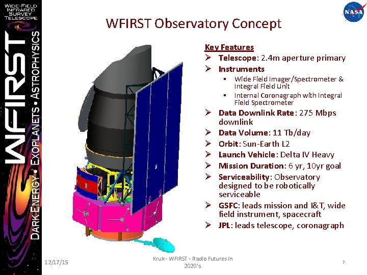 WFIRST Observatory Concept Key Features Ø Telescope: 2. 4 m aperture primary Ø Instruments