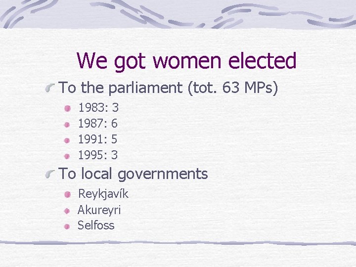 We got women elected To the parliament (tot. 63 MPs) 1983: 3 1987: 6