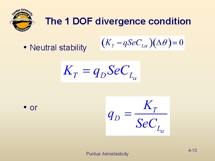 The 1 DOF divergence condition i Neutral stability i or Purdue Aeroelasticity 4 -13