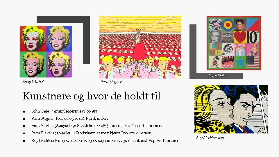 Peter Blake Andy Warhol Push Wagner Kunstnere og hvor de holdt til ■ John