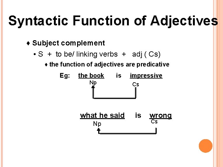 Syntactic Function of Adjectives ♦ Subject complement • S + to be/ linking verbs