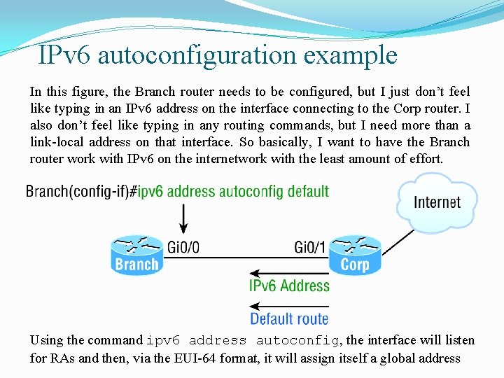 IPv 6 autoconfiguration example In this figure, the Branch router needs to be configured,