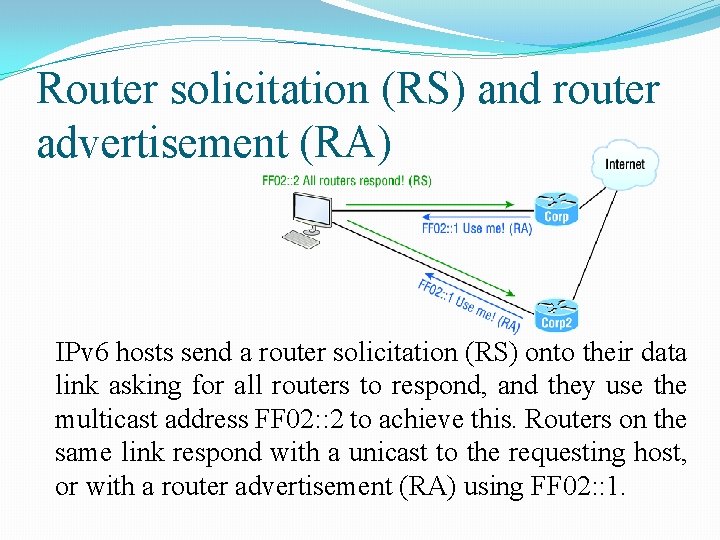 Router solicitation (RS) and router advertisement (RA) IPv 6 hosts send a router solicitation