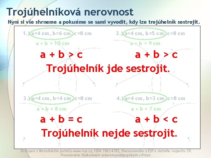 Trojúhelníková nerovnost Nyní si vše shrneme a pokusíme se sami vyvodit, kdy lze trojúhelník