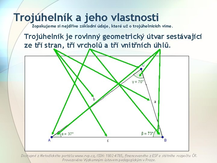 Trojúhelník a jeho vlastnosti Zopakujeme si nejdříve základní údaje, které už o trojúhelnících víme.