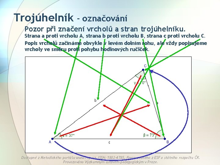 Trojúhelník - označování Pozor při značení vrcholů a stran trojúhelníku. Strana a proti vrcholu