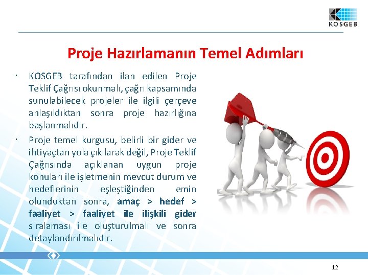 Proje Hazırlamanın Temel Adımları KOSGEB tarafından ilan edilen Proje Teklif Çağrısı okunmalı, çağrı kapsamında