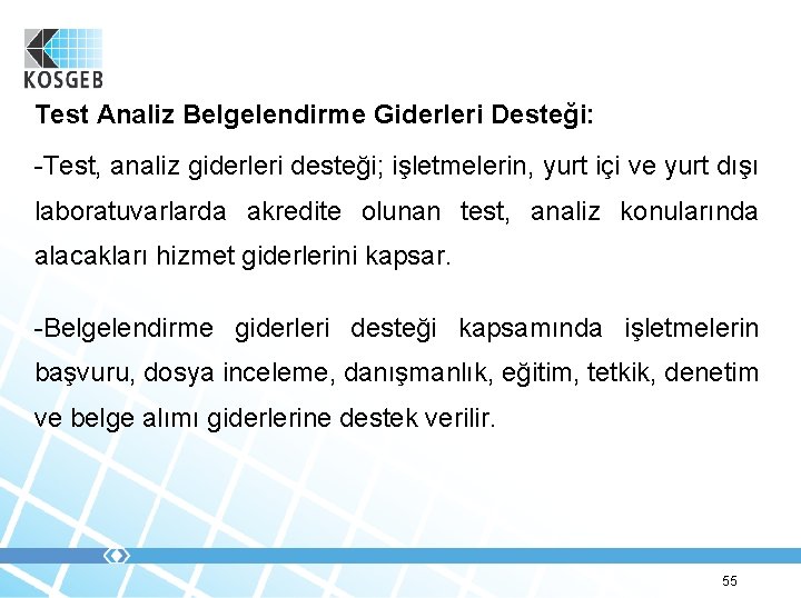 Test Analiz Belgelendirme Giderleri Desteği: -Test, analiz giderleri desteği; işletmelerin, yurt içi ve yurt