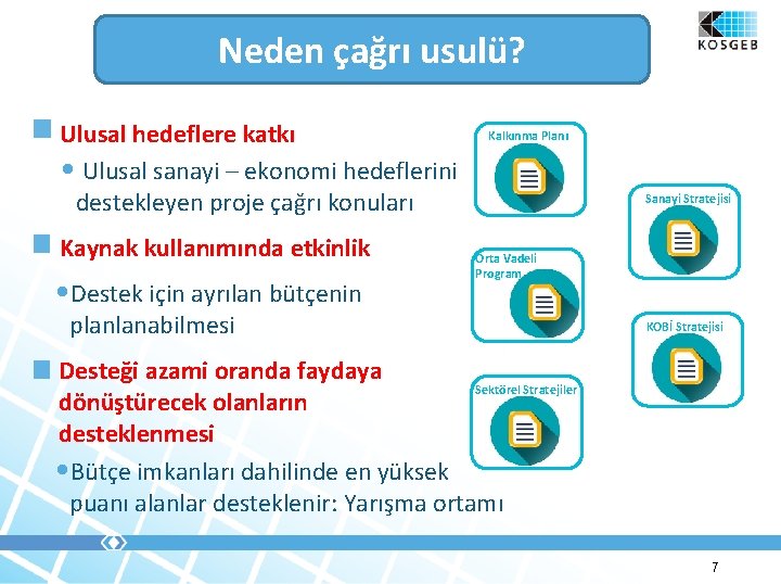 Neden çağrı usulü? Ulusal hedeflere katkı • Ulusal sanayi – ekonomi hedeflerini destekleyen proje