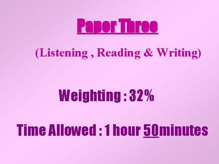 Paper Three (Listening , Reading & Writing) Weighting : 32% Time Allowed : 1