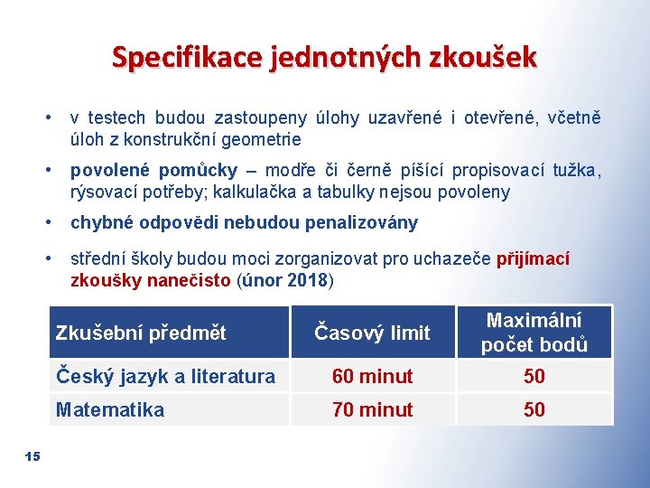 Specifikace jednotných zkoušek • v testech budou zastoupeny úlohy uzavřené i otevřené, včetně úloh