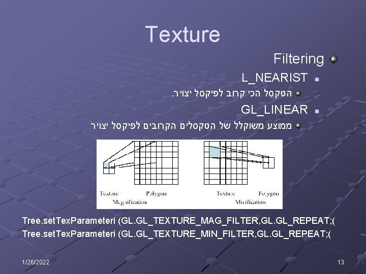 Texture Filtering L_NEARIST n . הטקסל הכי קרוב לפיקסל יצויר GL_LINEAR n ממוצע משוקלל