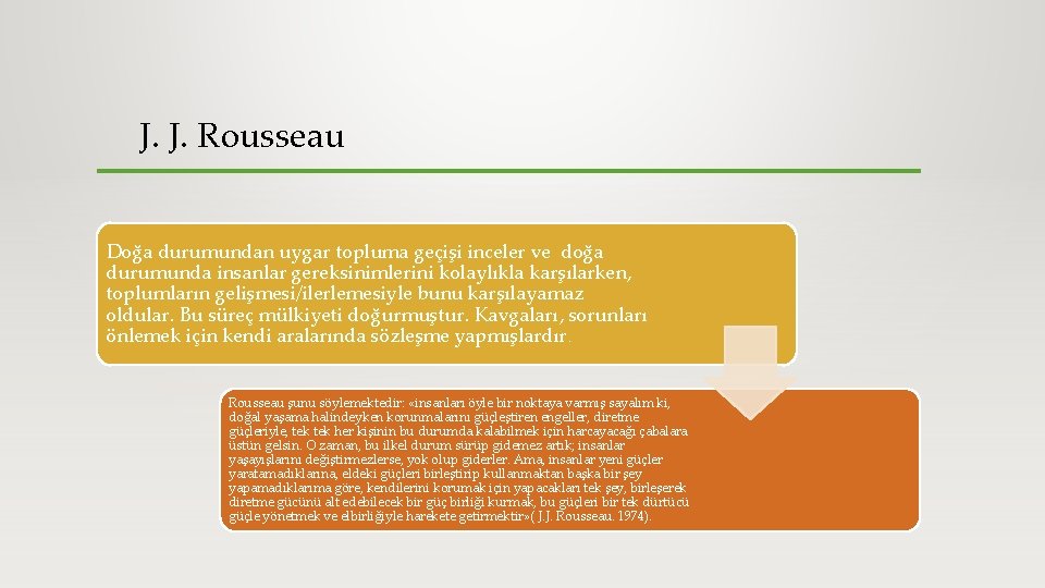 J. J. Rousseau Doğa durumundan uygar topluma geçişi inceler ve doğa durumunda insanlar gereksinimlerini