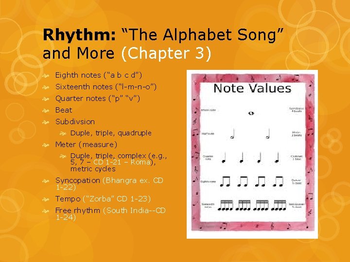 Rhythm: “The Alphabet Song” and More (Chapter 3) Eighth notes (“a b c d”) Rhythm: “The Alphabet Song” and More (Chapter 3) Eighth notes (“a b c d”)