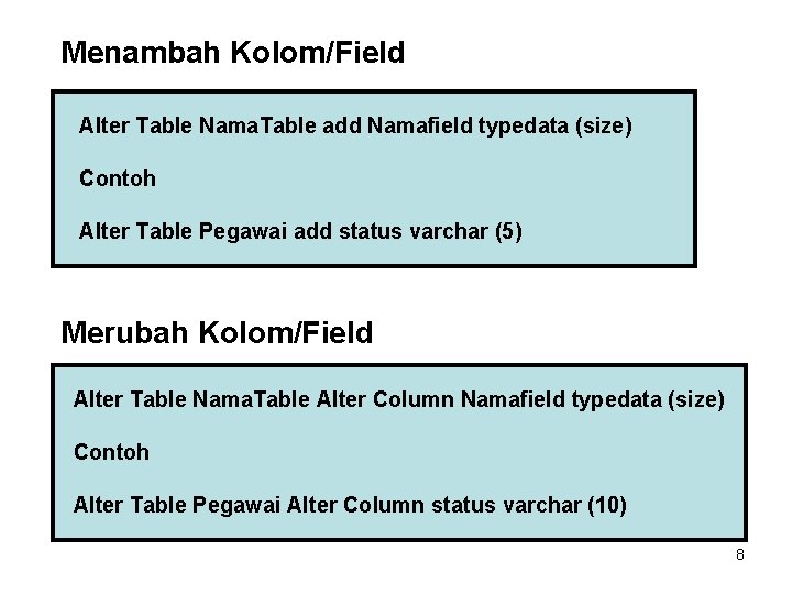 Menambah Kolom/Field Alter Table Nama. Table add Namafield typedata (size) Contoh Alter Table Pegawai