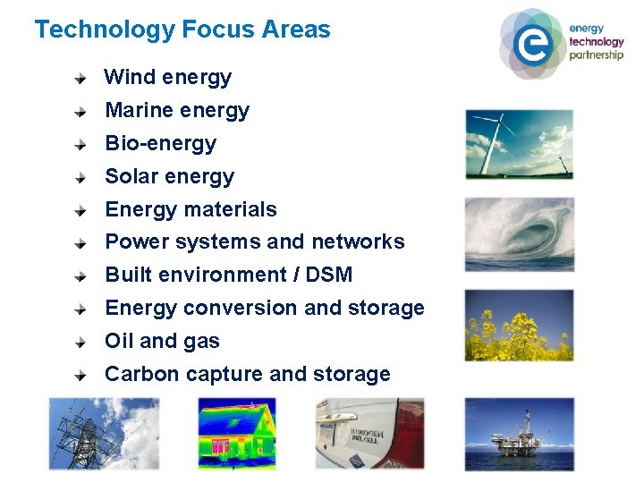 Technology Focus Areas Wind energy Marine energy Bio-energy Solar energy Energy materials Power systems