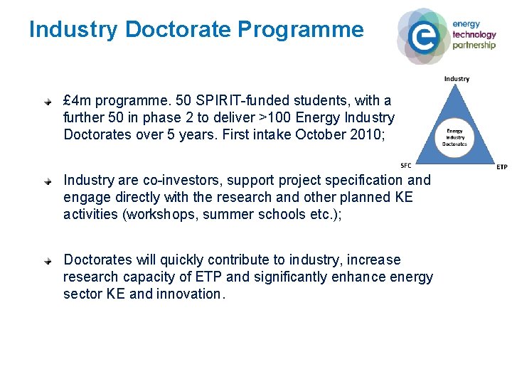Industry Doctorate Programme £ 4 m programme. 50 SPIRIT-funded students, with a further 50