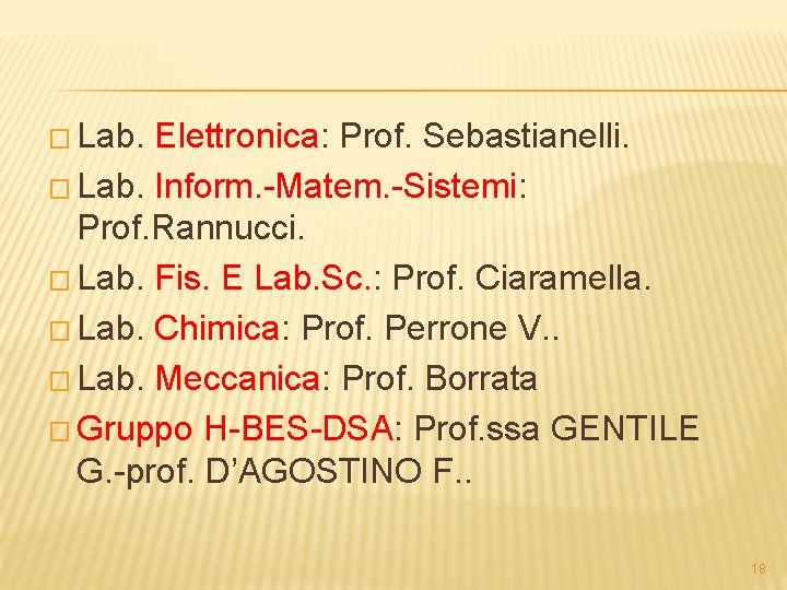 � Lab. Elettronica: Prof. Sebastianelli. � Lab. Inform. -Matem. -Sistemi: Prof. Rannucci. � Lab.