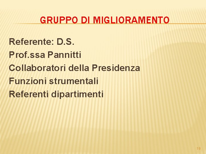 GRUPPO DI MIGLIORAMENTO Referente: D. S. Prof. ssa Pannitti Collaboratori della Presidenza Funzioni strumentali