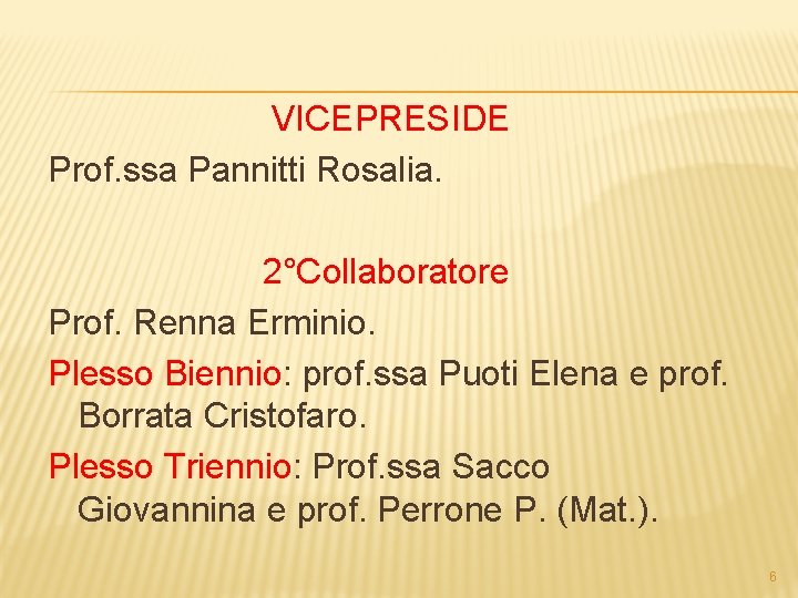 VICEPRESIDE Prof. ssa Pannitti Rosalia. 2°Collaboratore Prof. Renna Erminio. Plesso Biennio: prof. ssa Puoti