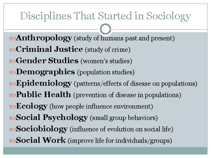 Disciplines That Started in Sociology Anthropology (study of humans past and present) Criminal Justice