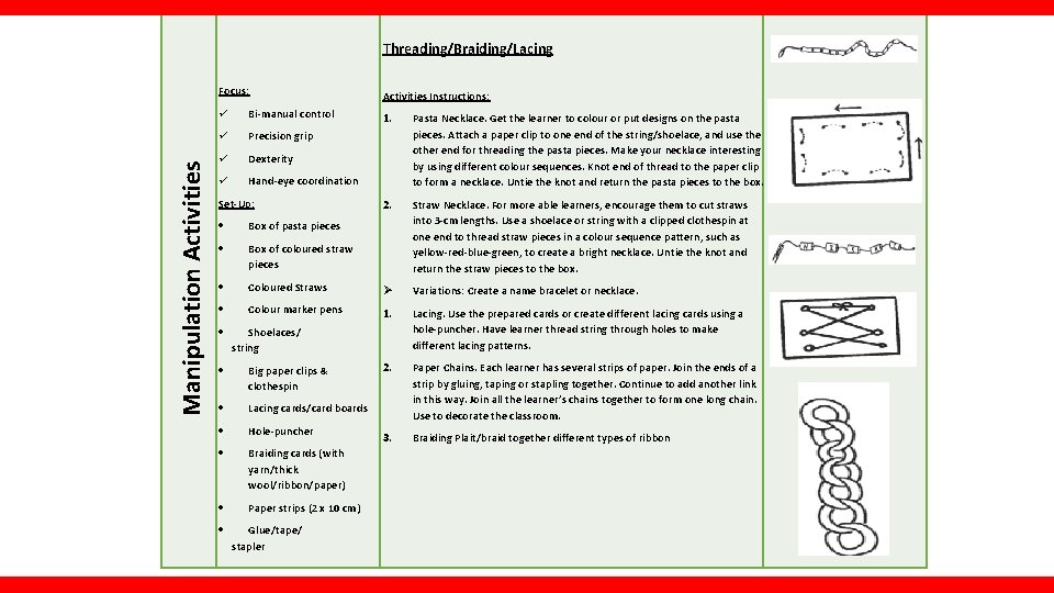 Threading/Braiding/Lacing Manipulation Activities Focus: Bi-manual control Precision grip Dexterity Hand-eye coordination Set-Up: Activities Instructions: