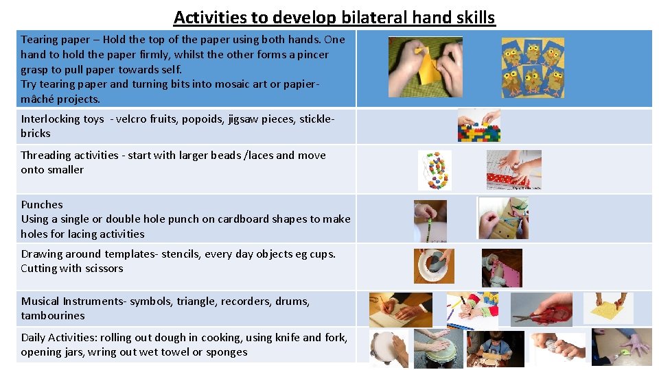 Activities to develop bilateral hand skills Tearing paper – Hold the top of the