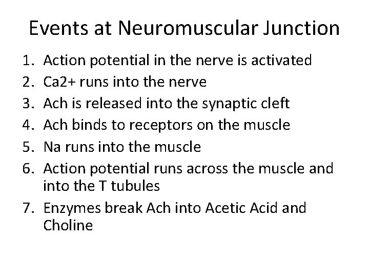 Events at Neuromuscular Junction 1. 2. 3. 4. 5. 6. Action potential in the