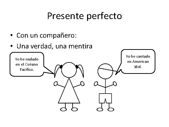 Presente perfecto • Con un compañero: • Una verdad, una mentira Yo he nadado