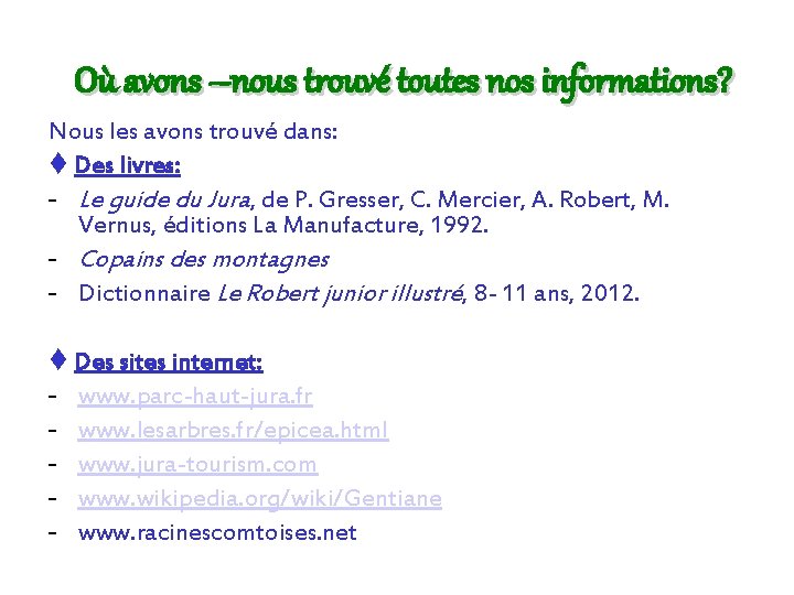 Où avons –nous trouvé toutes nos informations? Nous les avons trouvé dans: Des livres: