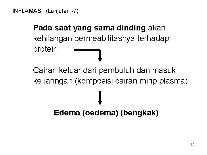 INFLAMASI (Lanjutan -7) Pada saat yang sama dinding akan kehilangan permeabilitasnya terhadap protein; Cairan