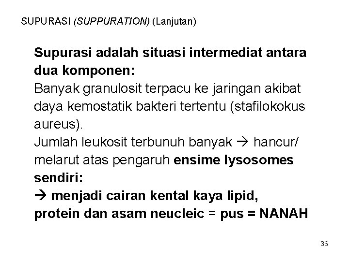 SUPURASI (SUPPURATION) (Lanjutan) Supurasi adalah situasi intermediat antara dua komponen: Banyak granulosit terpacu ke