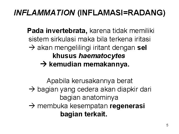 INFLAMMATION (INFLAMASI=RADANG) Pada invertebrata, karena tidak memiliki sistem sirkulasi maka bila terkena iritasi akan