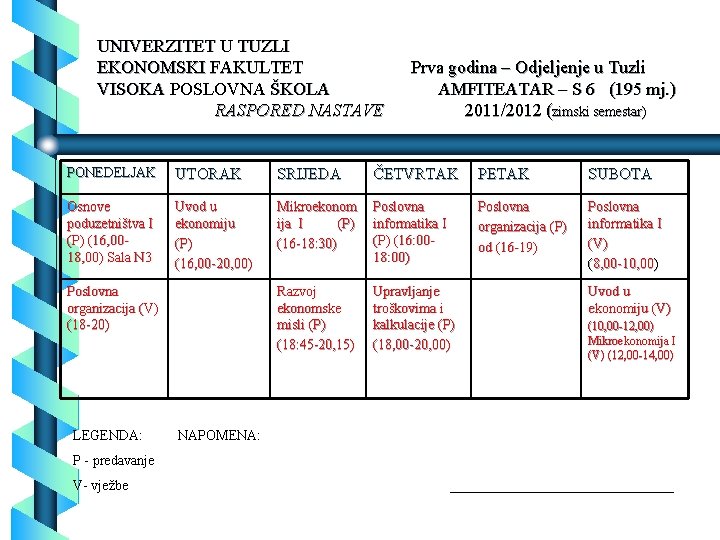 UNIVERZITET U TUZLI EKONOMSKI FAKULTET VISOKA POSLOVNA ŠKOLA RASPORED NASTAVE Prva godina – Odjeljenje