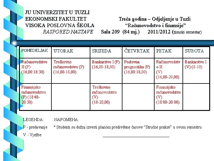 JU UNIVERZITET U TUZLI EKONOMSKI FAKULTET VISOKA POSLOVNA ŠKOLA RASPORED NASTAVE Treća godina –