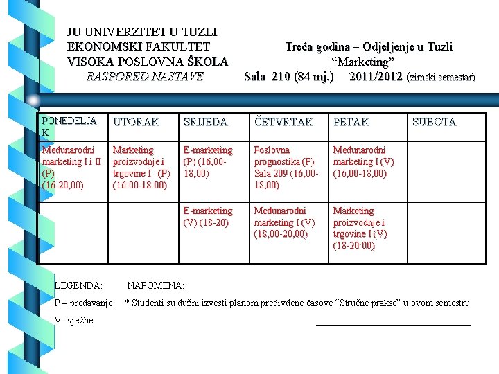 JU UNIVERZITET U TUZLI EKONOMSKI FAKULTET VISOKA POSLOVNA ŠKOLA RASPORED NASTAVE Treća godina –