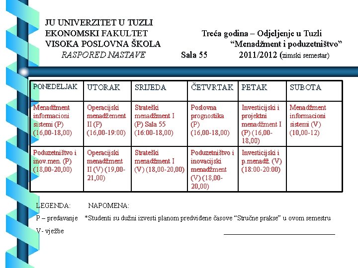 JU UNIVERZITET U TUZLI EKONOMSKI FAKULTET VISOKA POSLOVNA ŠKOLA RASPORED NASTAVE Treća godina –