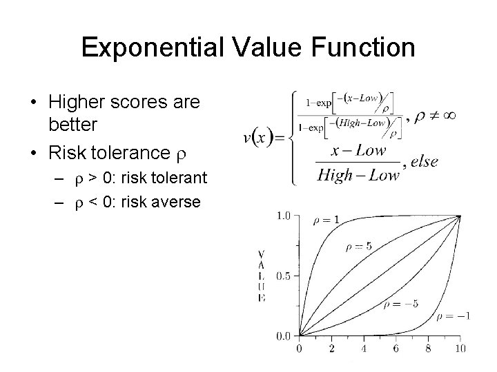 Exponential Value Function • Higher scores are better • Risk tolerance r – r