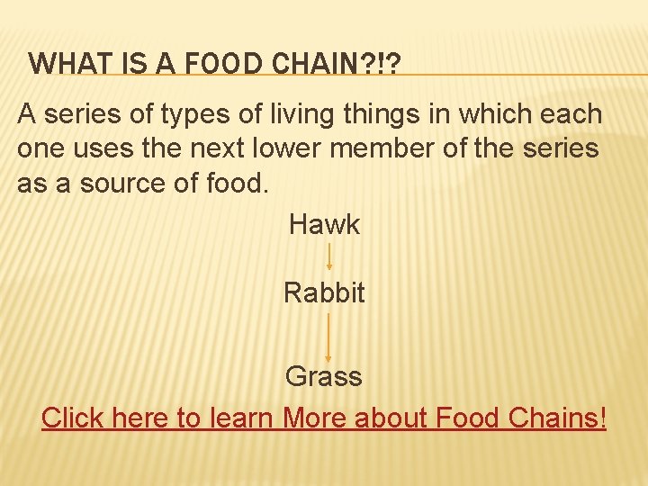 WHAT IS A FOOD CHAIN? !? A series of types of living things in