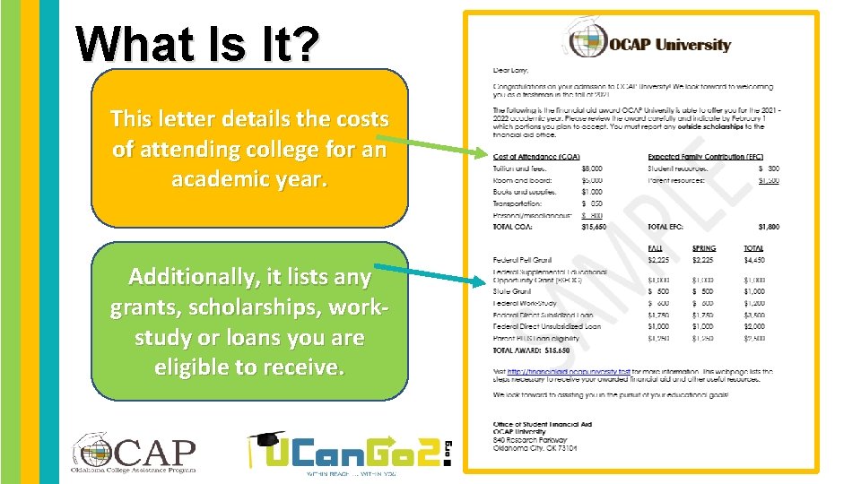 What Is It? This letter details the costs of attending college for an academic What Is It? This letter details the costs of attending college for an academic