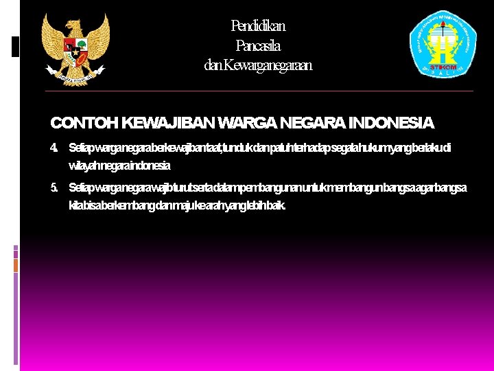 Pendidikan Pancasila dan. Kewarganegaraan CONTOH KEWAJIBAN WARGA NEGARA INDONESIA 4. Setiapwarganegaraberkewajibantaat, tundukdanpatuhterhadapsegalahukumyangberlakudi wilayahnegaraindonesia 5.