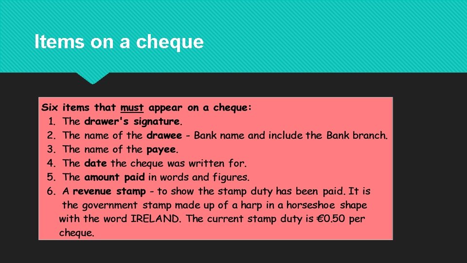 Items on a cheque 