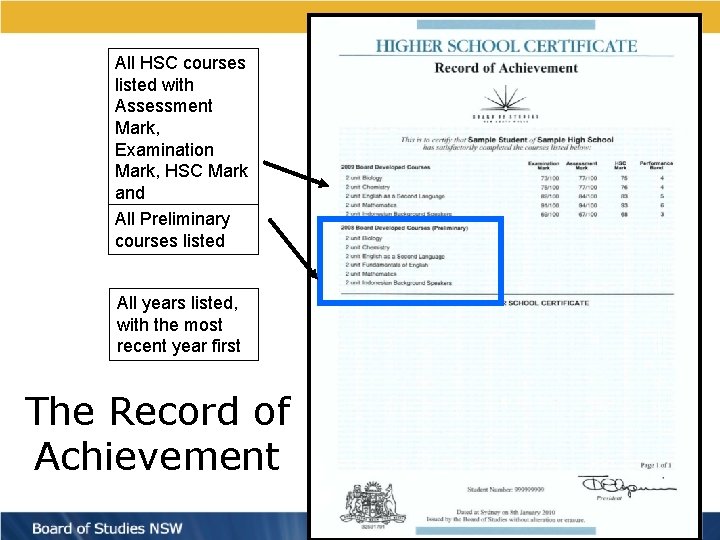 All HSC courses listed with Assessment Mark, Examination Mark, HSC Mark and Performance All