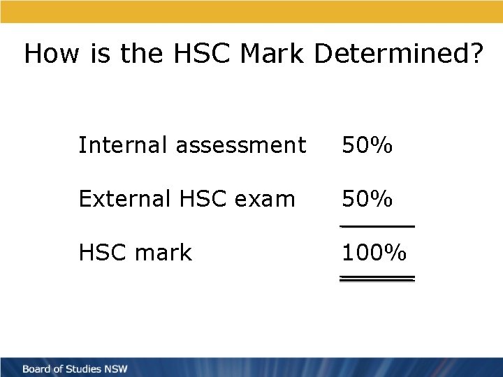 How is the HSC Mark Determined? Internal assessment 50% External HSC exam 50% HSC