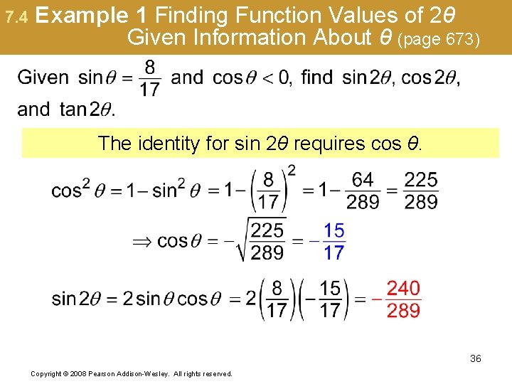 7. 4 Example 1 Finding Function Values of 2θ Given Information About θ (page